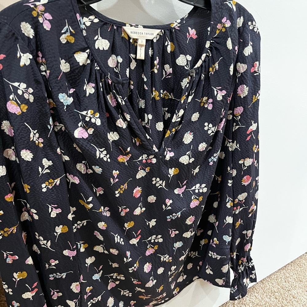 Rebecca Taylor Navy Blue Silk Floral Blouse